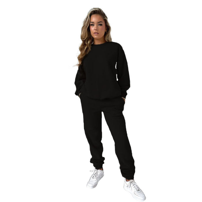 Color-Black-Autumn Winter Women Clothing Solid Color round Neck Pullover Long Sleeve Cotton Sweater Casual Trousers Suit-Fancey Boutique