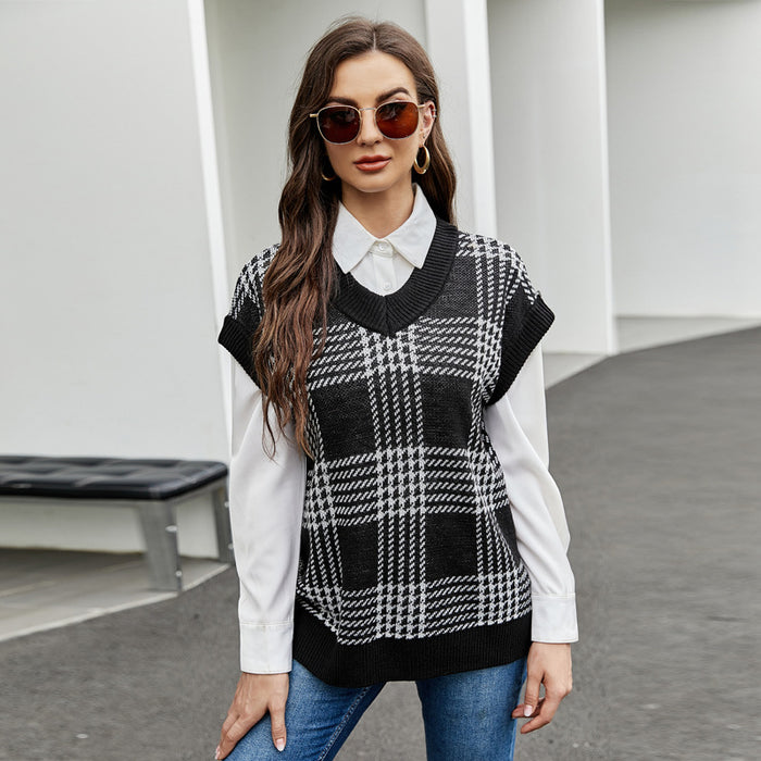 Color-Black-Women Clothing Autumn Winter Casual Loose V-neck Sleeveless Knitted Vest Plaid Knitted Vest Sweater-Fancey Boutique
