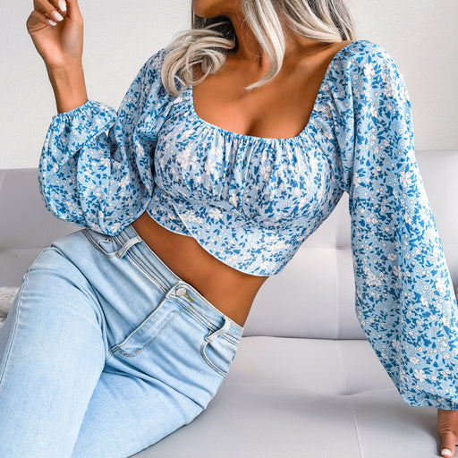 Color-Blue-Lantern Sleeve Bow Floral Chiffon Shirt Vacation Cropped Top Women Clothing-Fancey Boutique