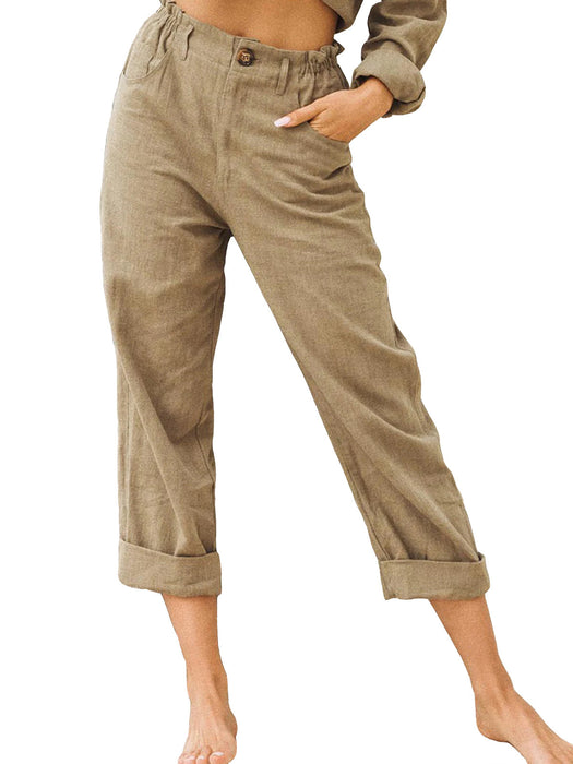 Color-Khaki-Women Clothing Summer Solid Color Cotton Linen Loose High Waist Casual Trousers-Fancey Boutique