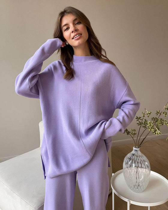 Color-Light Purple Top-Autumn Winter Long Sleeve Loose Casual Sweater Knitted Top Trousers Set-Fancey Boutique