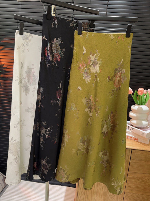 Chinese Long Skirt Advanced Satin Printed Fishtail Skirt Women Summer Sheath Split Chinese A Line Skirt-Yellow-Fancey Boutique