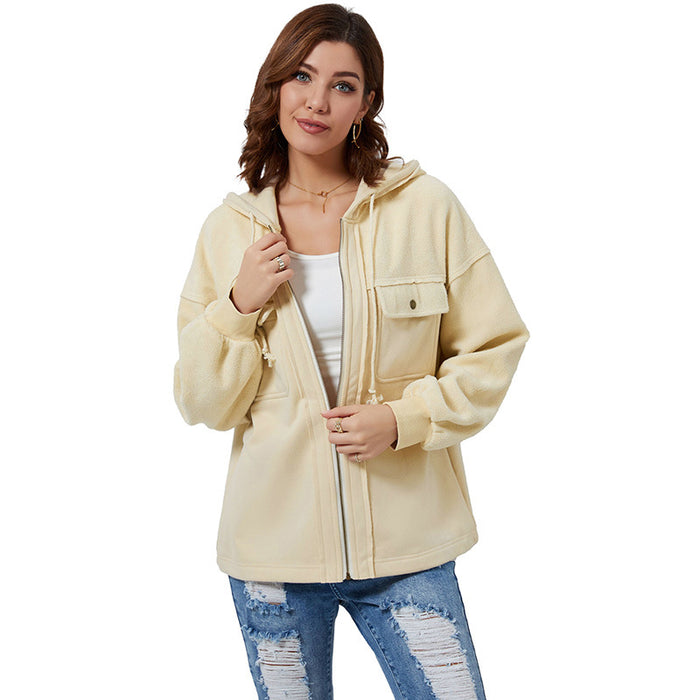 Color-Lc8512736-Apricot-Early Autumn Solid Color Loose Zip Jacket Women Casual Pocket Drawstring Long Sleeve Coat Women-Fancey Boutique