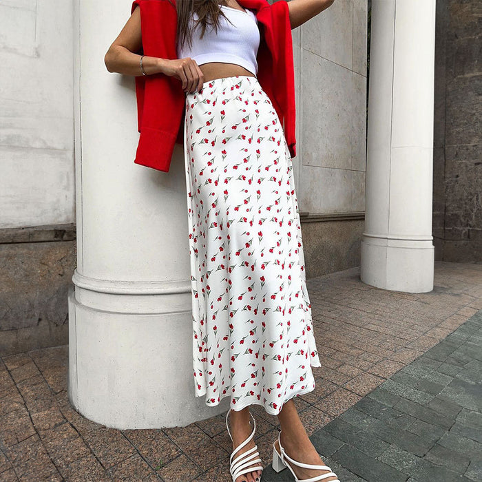 Floral Skirt Spring Elegant High Waist A line Fishtail Cherry Print Skirt-Fancey Boutique