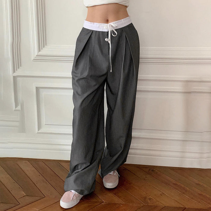 Contrast Color Pleated Loose Trousers Personality Wide Leg Trendy Cool Girl Wear Low Waist Casual Trousers Summer-Fancey Boutique