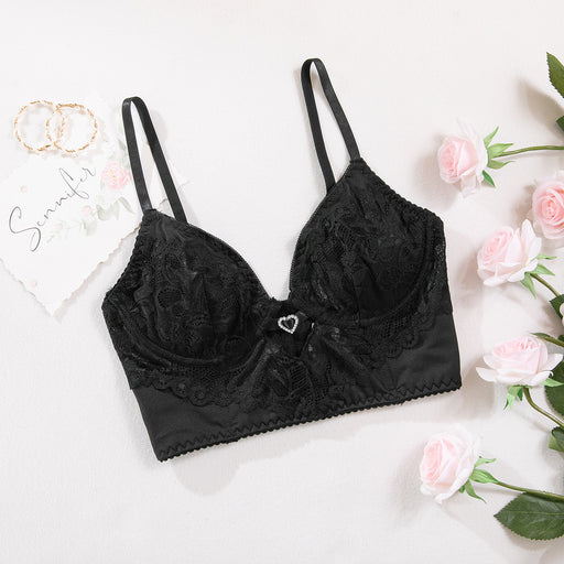 Color-Black-Heart Shape Rhinestone Sexy Lace Strap Bottoming Hollow Out Cutout exy Bra with Steel Ring-Fancey Boutique