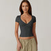 Women Clothing Summer Solid Color Simple Casual V neck Slim Short T shirt Top for Women-Dark Grey-Fancey Boutique