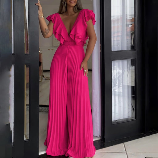 Women Clothing Deep V Plunge Neck High Waist Sexy Ruffled Pleated Wide Leg Jumpsuit-Coral Red-Fancey Boutique