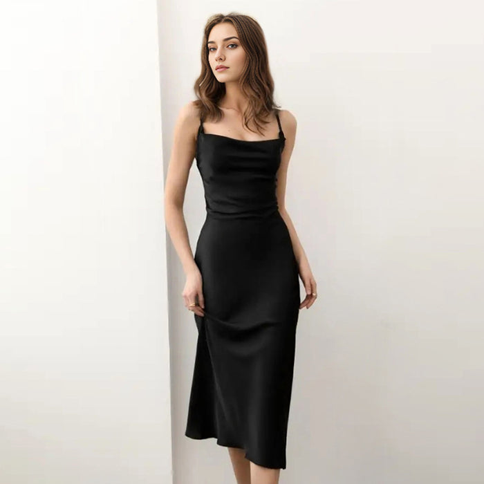 Color-Black-Spring Satin Little Red Dress Swing Collar Strap Fishtail Dress Chic-Fancey Boutique