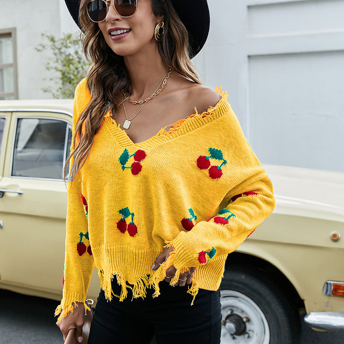 Color-Yellow Pullover-Pullover Women Loose Short V Neck Women Sweater Autumn Winter Tassel Knitwear-Fancey Boutique