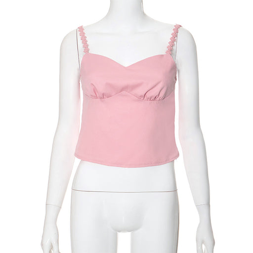 Floral Strap Chest-Flattering Backless Short Pink Zipper Top for Women Summer-Tank Top-Pink-Fancey Boutique