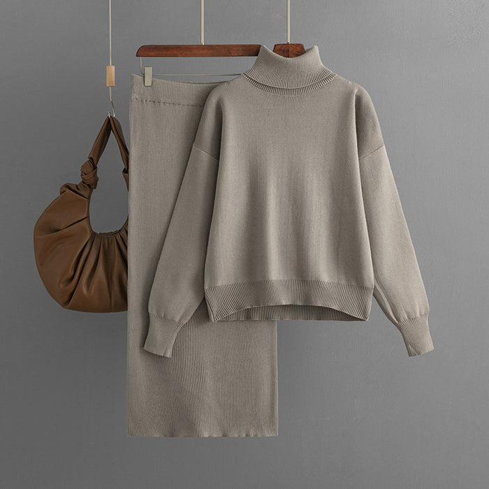 Color-Khaki-Knitting Suit Women Autumn Winter Solid Color Turtleneck Sweater Sheath Skirt Two Piece Set-Fancey Boutique