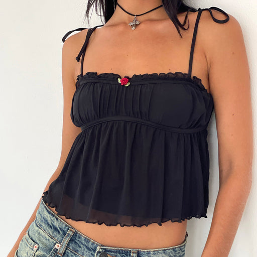 Wrapped Chest Lace up Bow Small Slip Top Sexy Solid Color Lace Curling Top Women-Tank Top-Black-Fancey Boutique