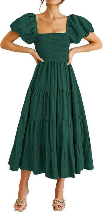 Color-Green-Summer Women Clothing Square Collar Backless Puff Sleeve Pleated Short Sleeves Dress-Fancey Boutique