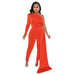 Color-Orange-Women Autumn Pleated Shoulder Solid Color Tight Jumpsuit Women-Fancey Boutique