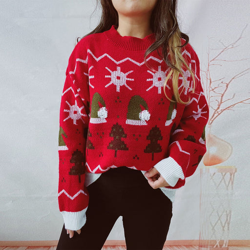 Color-Red-Autumn Winter Christmas Sweater Year Sweater Round Neck Long Sleeve Christmas Hat Pullover Women-Fancey Boutique