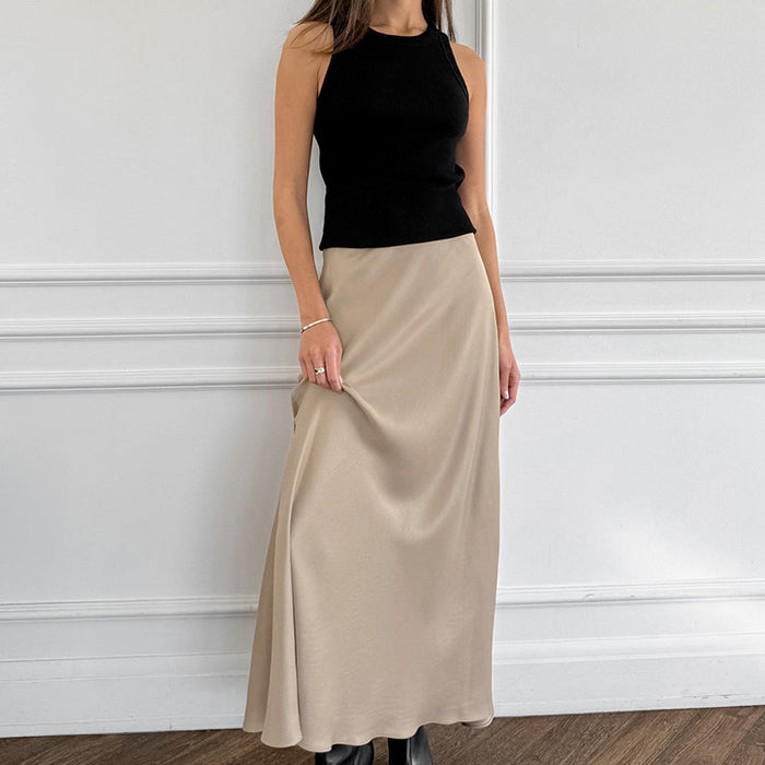 Imitation Acetate Satin Khaki A Swing High Waist Casual Skirt Autumn Long Skirt for Women-Fancey Boutique