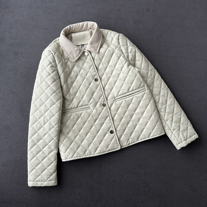 Color-White-Quilted Faux Leather Coat Diamond Lattice Wome Cotton Padded Leather Jacket Warm Jacket-Fancey Boutique