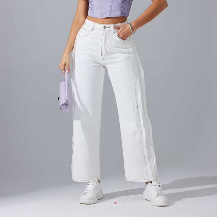 High Waist Raw Hem Straight White Jeans Spring Casual Office Loose Slimming Fashionable Design Pants-Fancey Boutique