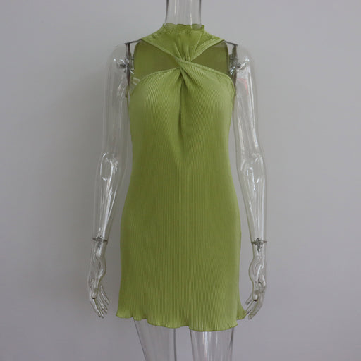 Color-Green-Round Neck Twisted off Shoulder Short Dress Women Summer Pleated Sexy Dress-Fancey Boutique