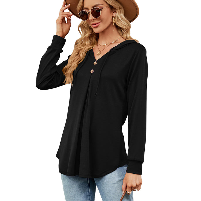Color-Black-Autumn Winter Solid Color V neck Button Hooded Loose Long Sleeves Sweater Women-Fancey Boutique