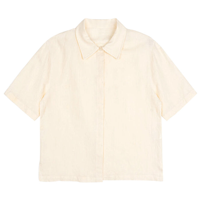 Texture Pure Linen Shirt Women French Minority Office All Matching Collared Short Sleeve Top-Rice Apricot-Fancey Boutique