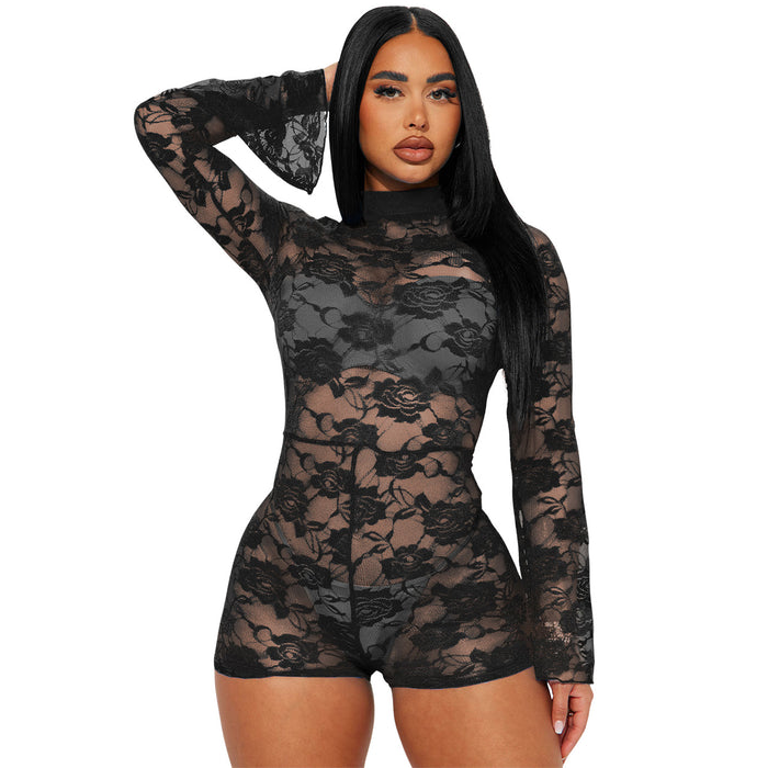 Color-Black-Women Clothing Eaby Floral Lace Elastic Micro Pull Sleeve Sexy Jumpsuit-Fancey Boutique