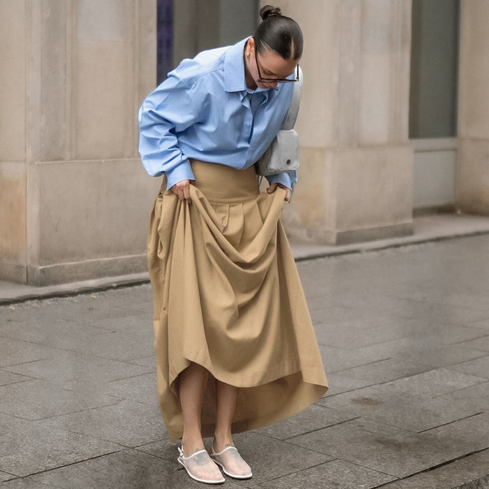 Khaki High Waist Slimming Pleated A Swing Skirt Autumn Winter Dress-Fancey Boutique