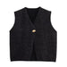 Women French Gold Thread Blended Leaf Buckle Sleeveless Double Sided Cotton Knitted Vest-Black-Fancey Boutique