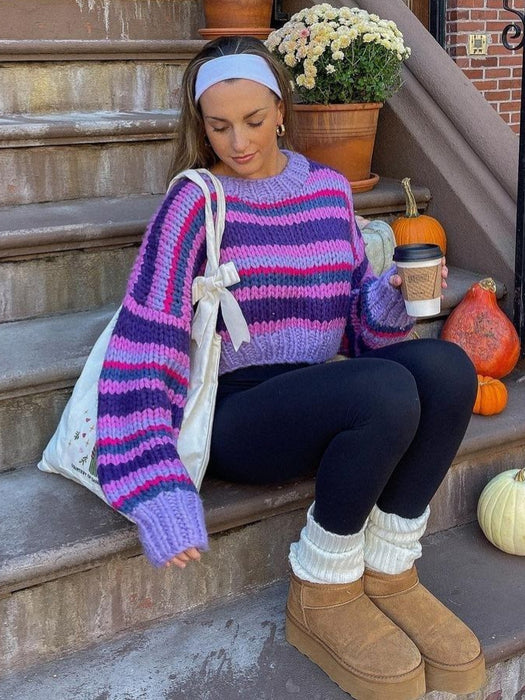 Autumn Winter Striped Sweater Sweater round Neck Long Sleeve Loose Casual Pullover Sweater Top-Purple-Fancey Boutique