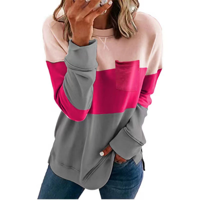 Color-Red-Women Clothing Stitching Crisscross Neckline round Neck Long Sleeve Casual Sweatshirt Women-Fancey Boutique