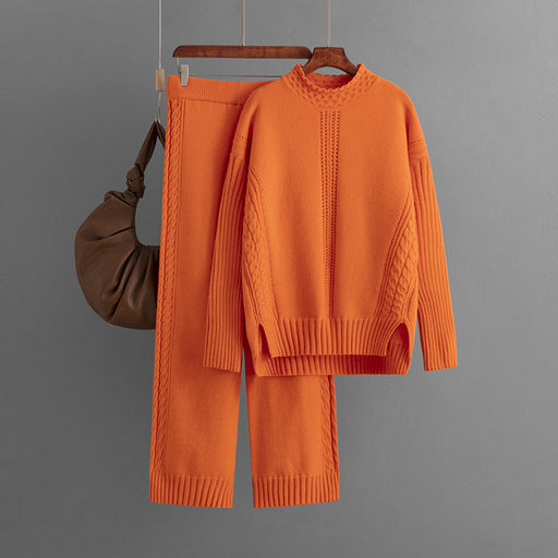 Color-Orange-Suit Women Autumn Winter Casual Solid Color Loose Knitted Mock Neck Sweater Two Piece Set-Fancey Boutique