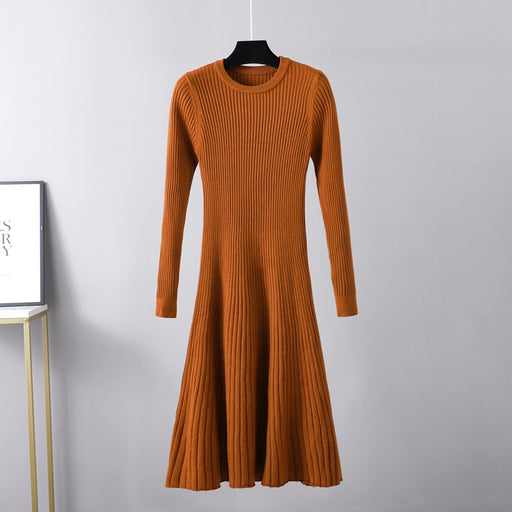 Color-Brown-Fall Winter Slim Dress Women Mid Length Dress Round Neck Maxi Dress Solid Color Inner Wear Base Sweater Dress A line Dress-Fancey Boutique