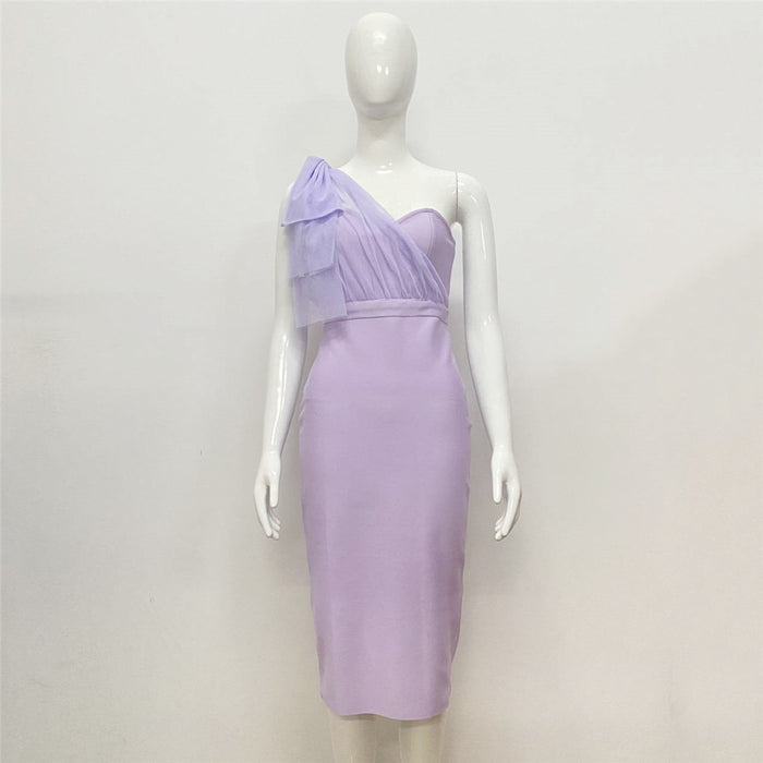 Mesh Patchwork Bandage Dress Dress Sexy One Shoulder Sleeveless Tight Dress Women Clothing-Lavender-Fancey Boutique