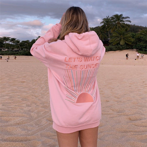 Color-Pink-Autumn Winter Women Clothing Long Sleeve Pocket Loose Printed Thermal Hooded Sweatshirt Women-Fancey Boutique