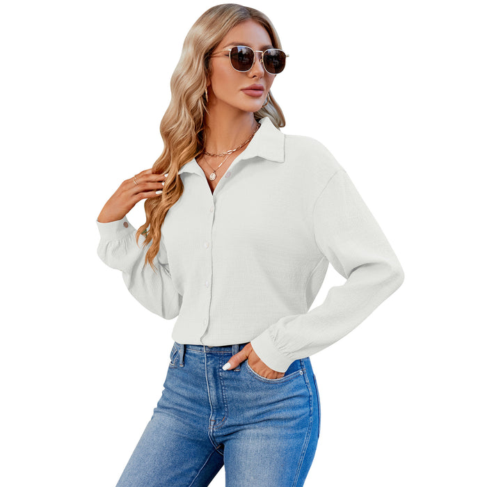 Color-White-Women V Neck Button Down Shirt Solid Color Bubble Wrinkle Loose Long Sleeve Shirt Top-Fancey Boutique