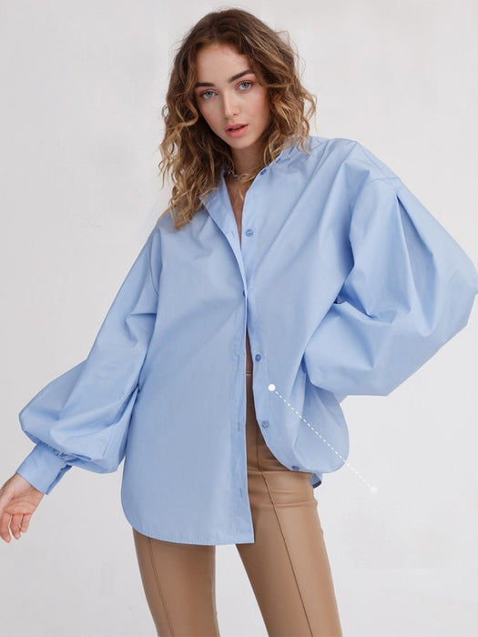 Lantern Sleeve Solid Color Shirt Spring Summer Adult Lady like Woman Office All Matching Loose Round Neck Shirt-Skyblue-Fancey Boutique