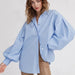 Lantern Sleeve Solid Color Shirt Spring Summer Adult Lady like Woman Office All Matching Loose Round Neck Shirt-Skyblue-Fancey Boutique