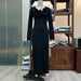 Three Dimensional Floral Decoration V neck Long Sleeve Solid Color Dress Slimming Slit Maxi Dress Women-Black-Fancey Boutique