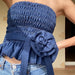 Summer Sexy Retro Denim Blue Floral Decorative Pleated Short Tube Top-Fancey Boutique