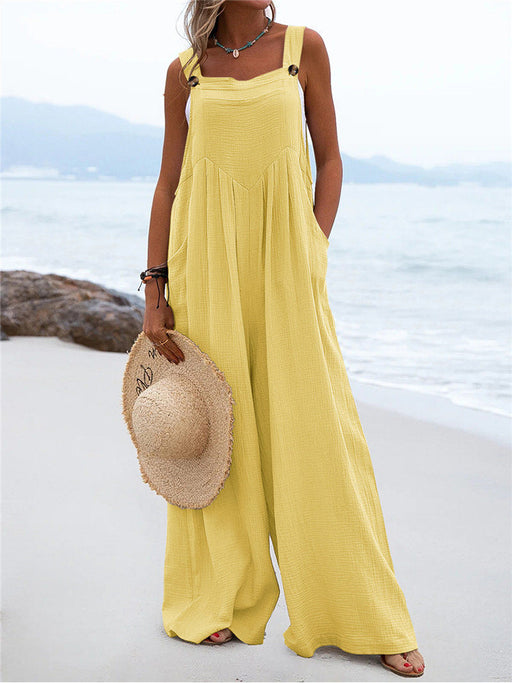 Color-Yellow-Summer New Women National Fashion Solid Color Buttons Sling Wide Leg Trousers Jumpsuit-Fancey Boutique