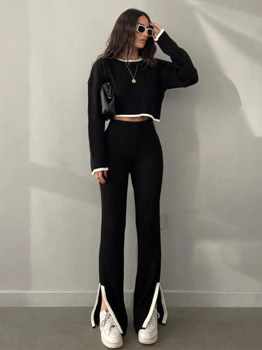 Color-Black-Autumn Winter Knitting Trousers Set round Neck Long Sleeve Short Sweater Color Contrast Patchwork Slit Knitted Two Piece Set for Women-Fancey Boutique