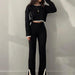 Color-Black-Autumn Winter Knitting Trousers Set round Neck Long Sleeve Short Sweater Color Contrast Patchwork Slit Knitted Two Piece Set for Women-Fancey Boutique