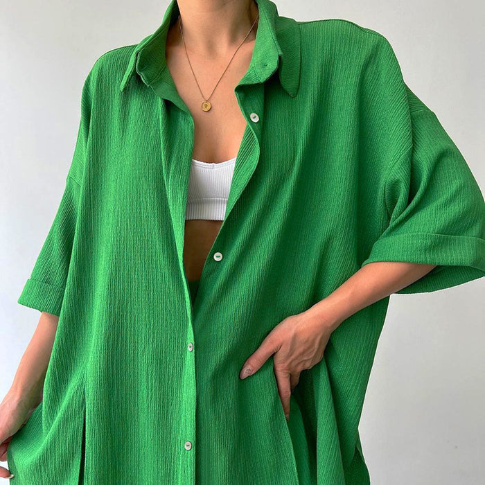 Color-Green-Outdoor Breathable Solid Color Long Sleeve Shorts Pajamas Two Piece Set Autumn Home Wear Women-Fancey Boutique