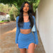 Color-Blue-Women Long Sleeved Cropped Baring Square Collar Top Sexy Bandeau Split Skirt Two Piece Set-Fancey Boutique