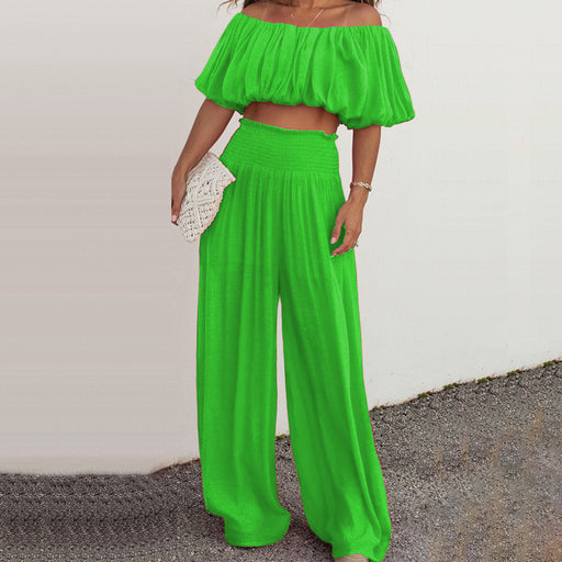 Color-Green-Spring Women Clothing Casual off Shoulder Wide Leg Pants Two Piece Set-Fancey Boutique