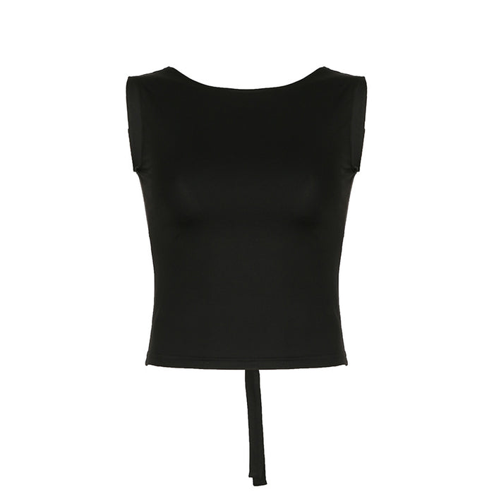 Color-Black-Sexy Back Hollow Out Cutout out Strap Design Sexy Backless Solid Color Slim Vest Top Spring Summer-Fancey Boutique