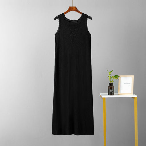 Color-Black-Sleeveless Vest Dress Women Casual Mid Length Ice Silk Solid Color round Neck Knitted Sling Bottoming Little Black Dress-Fancey Boutique