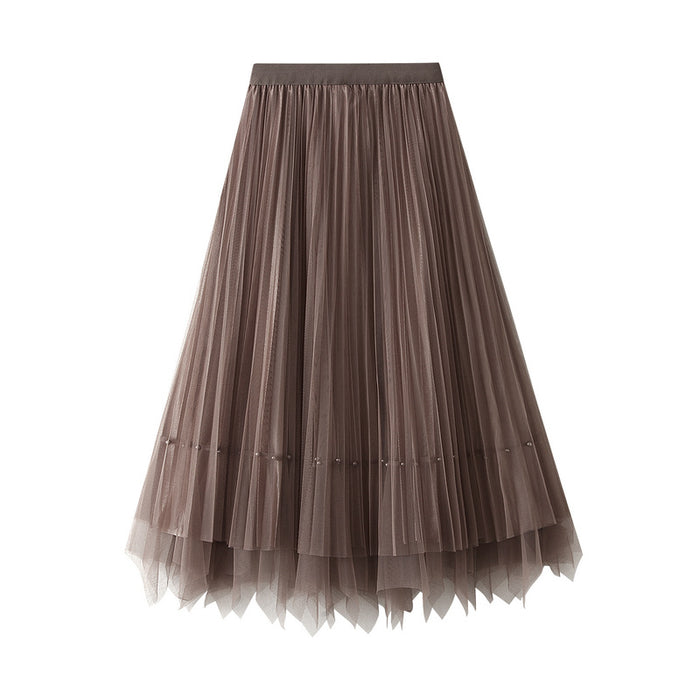 Color-Khaki-Women Two Sided Skirt Spring Mid Length High Waist Pleated Skirt Irregular Asymmetric Big Skirt-Fancey Boutique