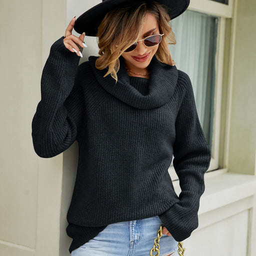 Color-Black-Women Top Autumn Winter Casual Loose Sweater All Match Solid Color Polo Collar Pullover Sweater-Fancey Boutique